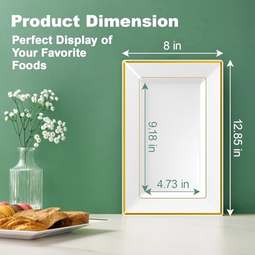 FOCUSLINE 8 PCS Plastic Serving Trays, White and Gold Rim Plastic Serving Platters, Disposable Tray for Food, Perfect for Wedding Parties - color: White