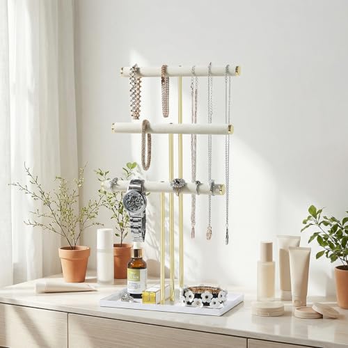 Jewelry Organizer Stand, Necklace Holder with Metal Frame, Jewelry holder stand Tree for Display, Bracelets Earrings and Ring Tray for Women (Beige, 3 Tier) - color: Beige