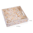 PEMAR 10" Mother of Pearl Catchall Tray for Coffee Table, Entryway, Nightstand. Square Serving Tray Wooden Luxury Decorative Handmade Eating Platters w Insert Handles (White Cream Squares Pattern)