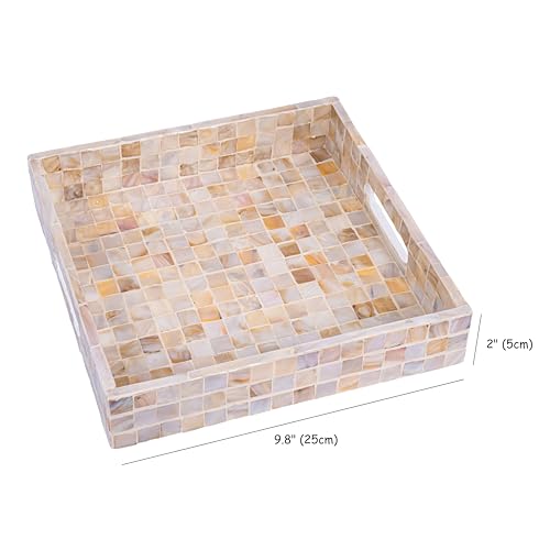 PEMAR 10" Mother of Pearl Catchall Tray for Coffee Table, Entryway, Nightstand. Square Serving Tray Wooden Luxury Decorative Handmade Eating Platters w Insert Handles (White Cream Squares Pattern)