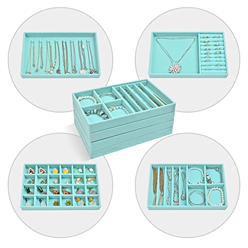 ProCase Stackable Jewelry Organizer Trays for Drawers, Jewelry Drawer Inserts Container Display Case Storage for Earring Necklace Rings Bracelet with Removable Dividers -Blue, 4 Layers - color: Blue, size: 4 Layers