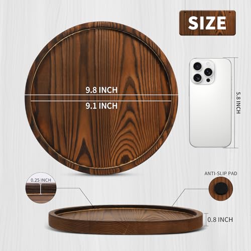 DEBETOOL Round Wooden Decorative Tray for Decor - Rustic Farmhouse Coffee Table Tray, Handmade Candle Holder Plate for Christmas Table Decorations and Centerpiece