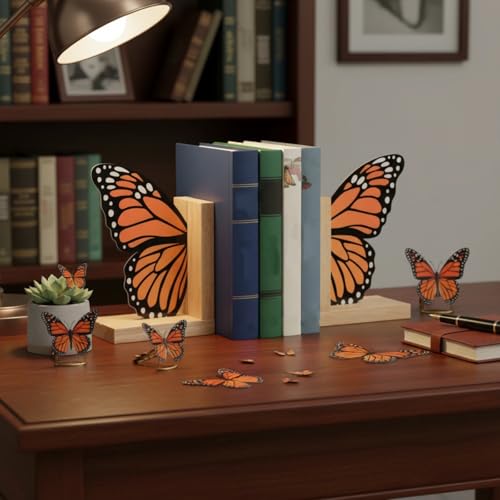 Decorative Butterfly Bookends Wooden Acrylic Butterflys Bookend Modern Bookshelf Decor Accent Book Stopper Decor for Home Farmhouse Shelves Office Lover Gift (Monarch Butterfly) - style: Monarch Butterfly