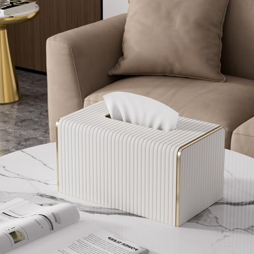 Extra Large Tissue Box Cover for Standard Size 180 to 230 Count Box of Tissues, PU Leather Rectangle Tissue Holder with Magnetic Closure， Gold-Tone Edging Decoration (Ivory) - color: Cream White, size: Rectangle Extra Height