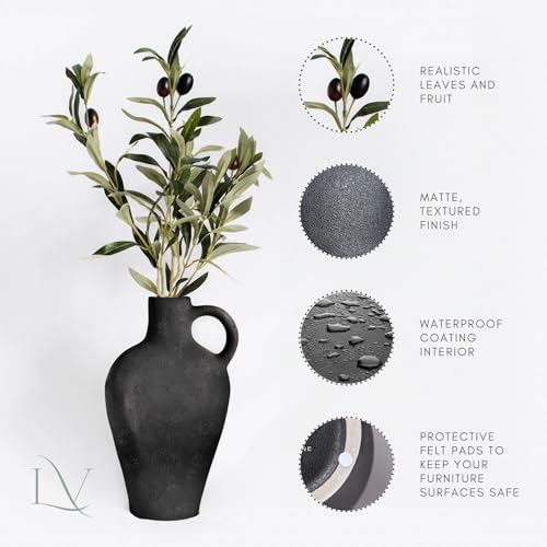 Luxurious Gift Set Textured Ceramic Vase 10 Inch with Olive Branches 22 Inch Tall Black Medium Vase Artificial Topiaries Fake Plants, Minimalist Shelf Decor, Neutral Home Office High End Gifting Decor - color: Black