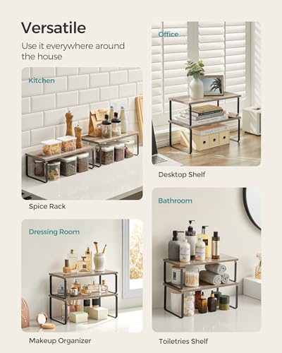 SONGMICS Cabinet Organizer Shelf, Set of 2 Kitchen Counter Shelves, Kitchen Storage, Spice Rack, Stackable, Expandable, Metal and Engineered Wood, Ink Black and Heather Greige UKCS200X02 - color: Ink Black + Heather Greige, size: 15.6"W