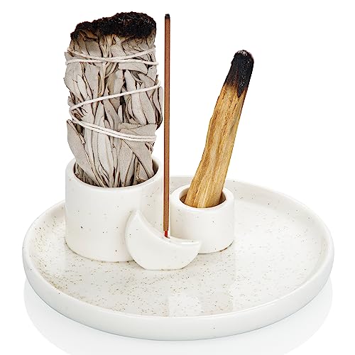 ZenBless Incense Burner, Palo Santo Sage Candle Holder for Burning, Incense Holder for Sticks, Ceramic Ash Catcher Tray for Meditation Yoga Room Home Decor Spritual Gifts(White) - color: White
