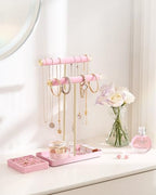 Lolalet 2-Tier Necklace Holder Display, Velvet Wrapped Bracelet Stand with Removable Ring Tray, Tall Jewelry Organizer for Bangles Watches Earrings, Galentines Valentines Gifts for Girls Women -Pink - color: Pink