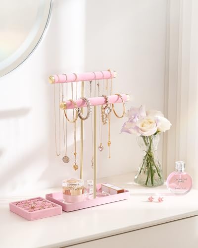 Lolalet 2-Tier Necklace Holder Display, Velvet Wrapped Bracelet Stand with Removable Ring Tray, Tall Jewelry Organizer for Bangles Watches Earrings, Galentines Valentines Gifts for Girls Women -Pink - color: Pink
