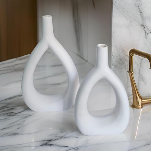 Ajuny Oval Vase Set of 2 – White Ceramic Decorative Vases, Farmhouse Style Modern Accent for Wall Decor, Bedroom, Living Room, Coffee Table, Office - style: Oval-Vase
