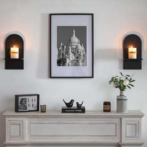Black Boho Candle Sconces Decor: Set of 2 Wood Mid-Century Wall Candle Holder for Hallway Fireplace Bedroom - Arch Wall Shelf for Plants Pillars Candles - color: Black