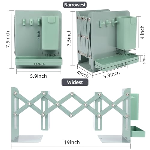 Adjustable Bookends, 19" Metal Book Ends for Heavy Books, 2 Dividers Bookends with Removable Pen Holder, Tray, and 3 Hook-up, Book Organizer for Office, School, Bookstore, Home - color: Green