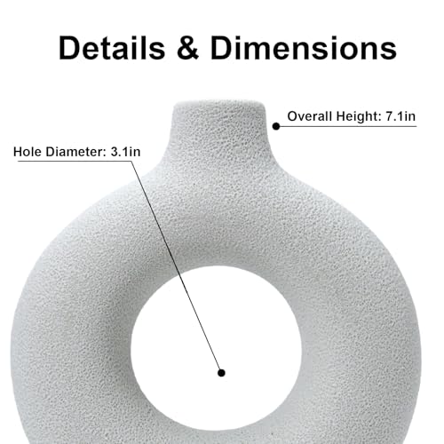 White Donut Hollow Ceramic Vase, Modern Minimalist Vase for Home Decor, Small Boho Vase for Dining Table, Desk, Farmhouse，Living Room, Handmade for Fresh/Dried Flowers - color: White D