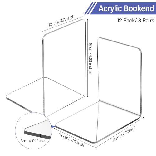 Eaasty 12 Pcs/ 6 Pairs Clear Acrylic Bookends for Shelves Heavy Duty Book End Desktop Organizer Bookshelf L Shaped Dividers Book Stopper for School Office Home Library File Movies CD