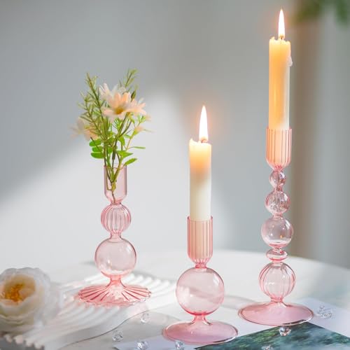 Hewory Glass Candlestick Holders Set: 3PCS Pink Candle Holder Taper Candle Holders Bulk, Crystal Ribbed Candle Sticks Holder Decor for Table Centerpiece Wedding Christmas Thanksgiving Dinner - color: Pink