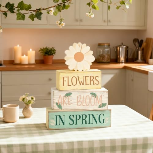 Spring Decoration Wooden Tiered Tray Decor – Daisy Flower Spring Stacked Block Sign – Farmhouse Tabletop Floral Spring Decor for Shelf Mantel Seasonal Home Display - style: Flower