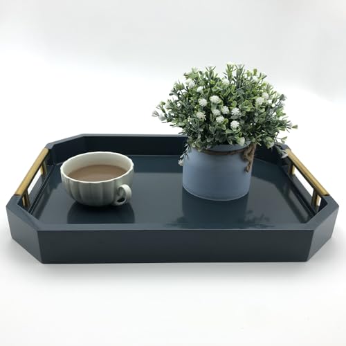 Serving Tray with Polished Metal Handles, Hexagon Coffee Table Tray, Modern Rectangle Decorative Tray, Large Ottoman Tray, Perfect for Storage and Display (Blue Rectangle) - color: Blue Rectangle