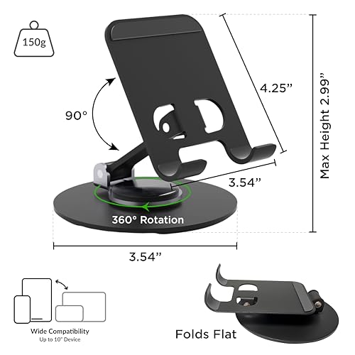 Uncaged Ergonomics 360° Swivel Rotating Adjustable Phone Stand for Desk, Portable & Foldable Cell Phone Stand for Desk, Compact Mobile Stand for Tabletop, Office, Kitchen & Bedroom (Black) - color: Black