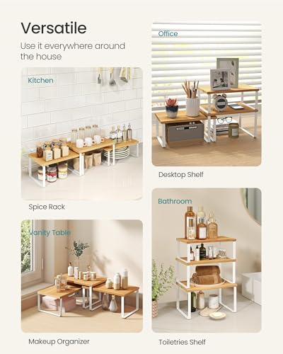 SONGMICS Cabinet Organizer Shelf, Set of 3 Kitchen Counter Shelves, Kitchen Storage, Spice Rack, Stackable, Expandable, Cloud White and Natural Beige UKCS014YL02 - color: Cloud White + Natural Beige
