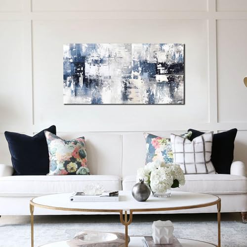 Prepeyssee White and Blue Abstract Canvas Wall Art for Living Room Bedroom Home Office Large Modern Grey Abstract Canvas Prints Picture Ready to Hang Size 20x40 - color: white, size: 20L" x 40W"