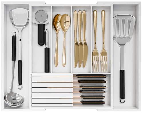 Bamboo Kitchen Silverware Drawer Organizer - Expandable Wood Utensil Holder with Dividers, Luxury Cutlery Storage Tray for Kitchen Utensil and Flatware (5-7 Slots with Removable Knife Block, (White) - color: White