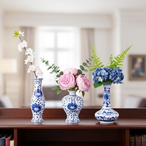 Set of 3 Small Blue & White Porcelain Vases, Fambe Glaze Porcelain Vases Set of 3, Classic Ceramic Flower Vases for Home Décor - color: Blue & White Porcelain Set