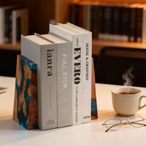 Glow in The Dark Bookends, Wood Bookends for Shelves,Blue Luminous Book Ends with Burl Wood and Resin,Decorative Book Stopper Binder and Dividers, Blue, Large,Unique Desk Decor for Home Office Library - color: Blue