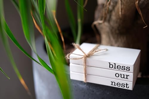 Mini White Decorative Books for Tiered Tray Decor, Faux Books for Coffee Table Decoration, Farmhouse Wood Book Stack Shelf Decor - Bless Our Nest Sign - color: Bless Our Nest