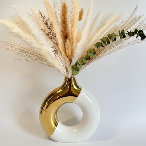White and Gold Donut Vase, Modern Ceramic Vase for Pampas Grass, Perfect Centerpiece for Weddings, Living Room, and Office Decor (White Gold, L) - color: White Gold, size: Large