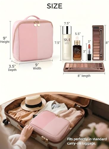 Large Standing Makeup Bag, Sturdy PU Leather Cosmetic Organizer with Fold-Down Phone Tray, Waterproof Travel Toiletry Case with Wipeable TPU Brush Holder, 9.5 Inch, Pink - color: Pink