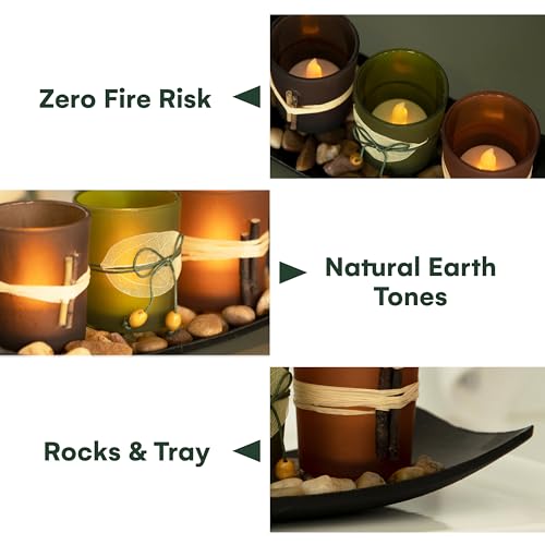 Dawhud Direct Decorative Votive Candle Holders, Vintage Decor Flameless Candlescape Set, 3 LED Tea Light Candles, Rocks and Tray - Fall Table Decor (Earth Tones) - size: Natural Earth Tone