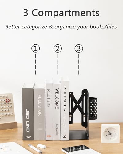 Kingsmile Book Ends, Adjustable Bookends for Shelves, Metal Bookends for Heavy Books, Book Stopper Organzier with Pen Holder for Desk, Kids Room, Office, Classroom, Library, Study Room.(Black) - color: Black