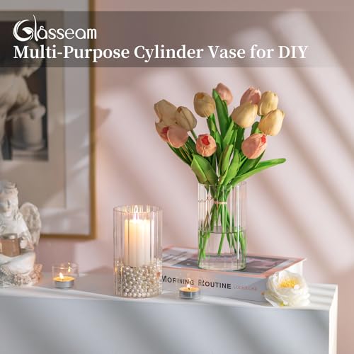 Glasseam Hurricane Glass Candle Holders: Set of 6 Cylinder Clear Candle Holders for Pillar Candles Ribbed Modern Candle Holder Decorative Cylinder Vases for Centerpiece Wedding Table Decoration 5.91’’ - color: 6, size: Ribbed-6in