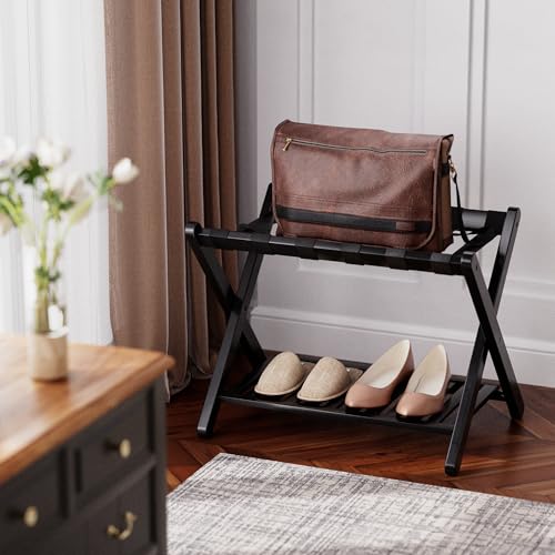 SMIBUY Luggage Rack, Foldable Bamboo Suitcase Stand with Storage Shelf for Guest Room, Bedroom, Hotel, Heavy-Duty, 1 Pack (Black) - color: Black