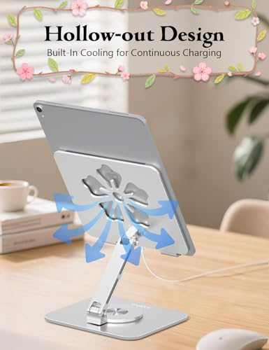 Rotating Tablet Stand for Desk-Aluminum Office Desk Accessories for Women Moms iPad Gifts Home Office Portable Monitor Stand for iPad, Compatible with iPad Pro, Air, Mini, Kindle 4–12.9",Silver - color: Silver