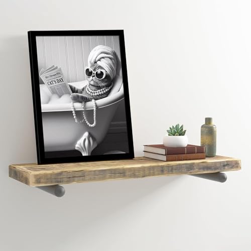 Framed Black and White Funny Cat and Dog Wall Art Set of 2 Canvas Prints, Vintage Animals Reading Newspaper Wall Decor, Humorous Pet Bathroom Decor Pictures with Wood Frame Acrylic Front for Bathroom Decor 8x10IN - color: cat and dog, size: 10"L x 8"W