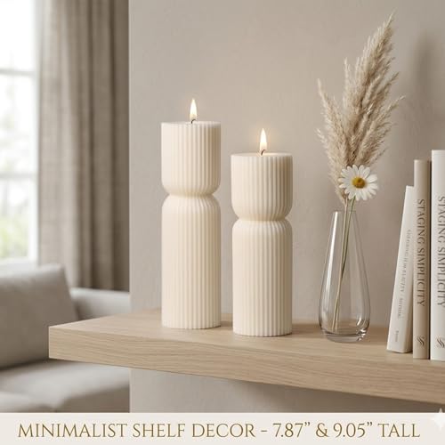 Aesthetic Sandalwood Scented Candles,Ribbed Pillar Candle Set of 2 (7.87" & 9.05" Tall), Natural Soy Wax Minimalist Geometric Decor, Modern Fluted Sculptural Candles for Home,Shelf, Mantel & Gift