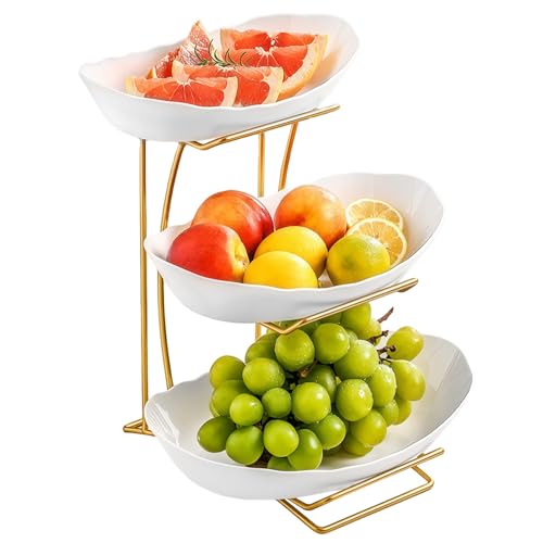 OMISTAR 3 Tier Fruit Bowl for Kitchen Counter, Gold Metal Stand Tiered Fruit Basket, ABS Serving Bowls, 11.2 in Lightweight Luxury Multi-Layer Snack Rack for Home Living Room