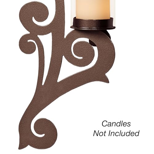 Augustine Scrollwork Bronze Candle Wall Sconce Pair | Metal Designs with Included Hurricane Style Glass Candleholder - color: Bronze