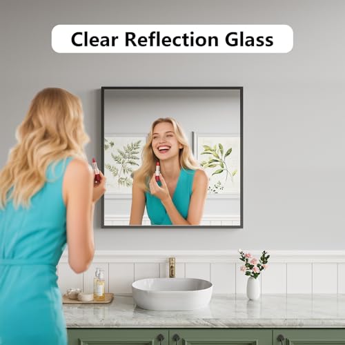 Koonmi Bathroom Mirror for Wall, 30"x30" Black Bathroom Mirror for Over Sink, Shatterproof Tempered Glass Vanity Mirror with Anti-Rust Aluminum Alloy Frame, Hang Horizontally or Vertically - color: Square Edged, size: 30"L x 30"W
