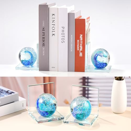 Book Ends for Shelves, Glass Bookends with Deep Ocean Blue Crystal Hand Blown Sea Wave Ball, Non Skid Sturdy Glass Decorative Bookends for Ocean Lovers, Heavy Books, Office, Set of 2 - color: Dark Blue+green