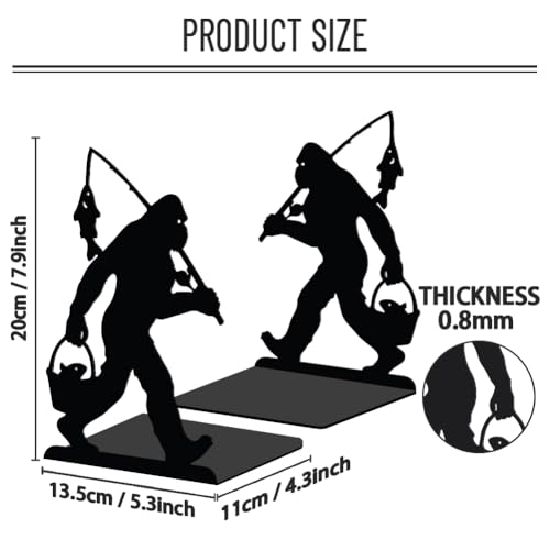 WADORN Bigfoot Fishing Metal Decorative Bookend for Shelves 1 Pair, Heavy Duty Book Ends Unique Non-Skid Books Holder Stand Black Book Support Stoppers for Desk Bookshelf Office Home, 5.3x4.3x7.9 Inch - color: Funny Bigfoot