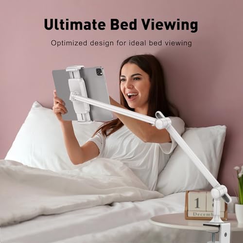 AboveTEK Tablet Stand Holder for Desk & Bed, Aluminum iPad Holder Arm with 360° Rotating Clamp, Adjustable Phone Stand Compatible with 4.7"-13.5" iPad Pro/Air/Mini, iPhone, Galaxy Tab- White - color: White