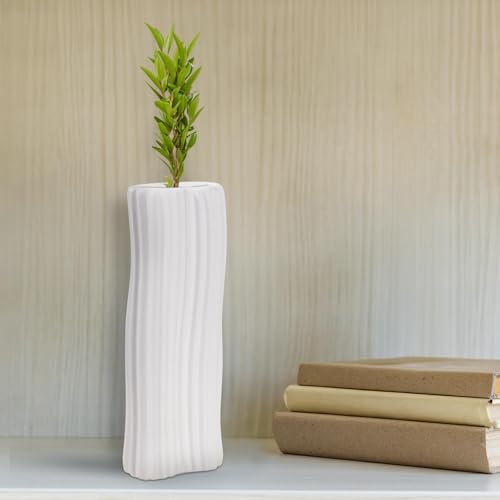 Howard Elliott Collection White Hirst Ceramic Vase for Flowers with Ripple Texture, Abstract Design Decorative Flower Vase for Weddings and Floral Arrangements, Medium, 4 x 4 x 11 Inch - size: 11"L x 4"W