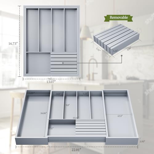 Bamboo Kitchen Silverware Drawer Organizer - Expandable Wood Utensil Holder with Dividers, Luxury Cutlery Storage Tray for Kitchen Utensil and Flatware (5-7 Slots with Removable Knife Block, Grey) - color: Grey
