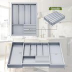Bamboo Kitchen Silverware Drawer Organizer - Expandable Wood Utensil Holder with Dividers, Luxury Cutlery Storage Tray for Kitchen Utensil and Flatware (5-7 Slots with Removable Knife Block, Grey) - color: Grey