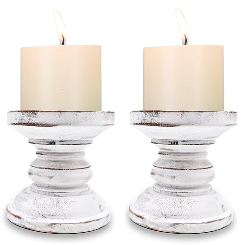 Small Candle Holder for Pillar Candle Set of 2, Farmhouse Candle Holder Decor, Rustic Wooden Candle Stand, Vintage Tall Candle Stand Decorative for Living Room, Table Centerpiece,Rustic White - size: Set of 2