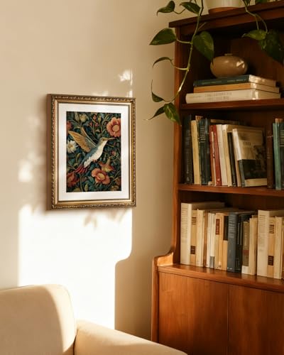InSimSea Gold Picture Framed Wall Art, Living Room Vintage Moody Hummingbird Wall Decor, William Morris Botanical Canvas Print Art, Home Farmhouse Decor, Antique Paintings with Frame 13x16inch - color: Flower Bird, size: 16"L x 13"W