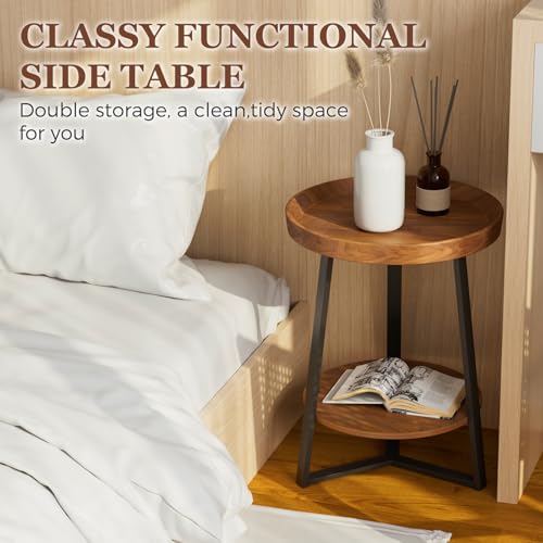 Gadroad Round End Table with Storage Shelf, 2 Tier Farmhouse Side Table Nightstand for Living Room, Bedroom, Wood Tabletop & Black Metal Frame, Brown 15.7 * 15.7 * 23.0inches - color: Brown, style: No Charging Station