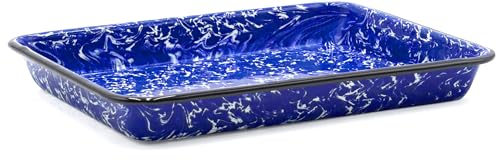 Red Co. 11" x 9" Enamelware Metal Classic 2 Quart Rectangular Serving Tray, Navy Blue Marble/Black Rim - Splatter Design - color: Navy Blue